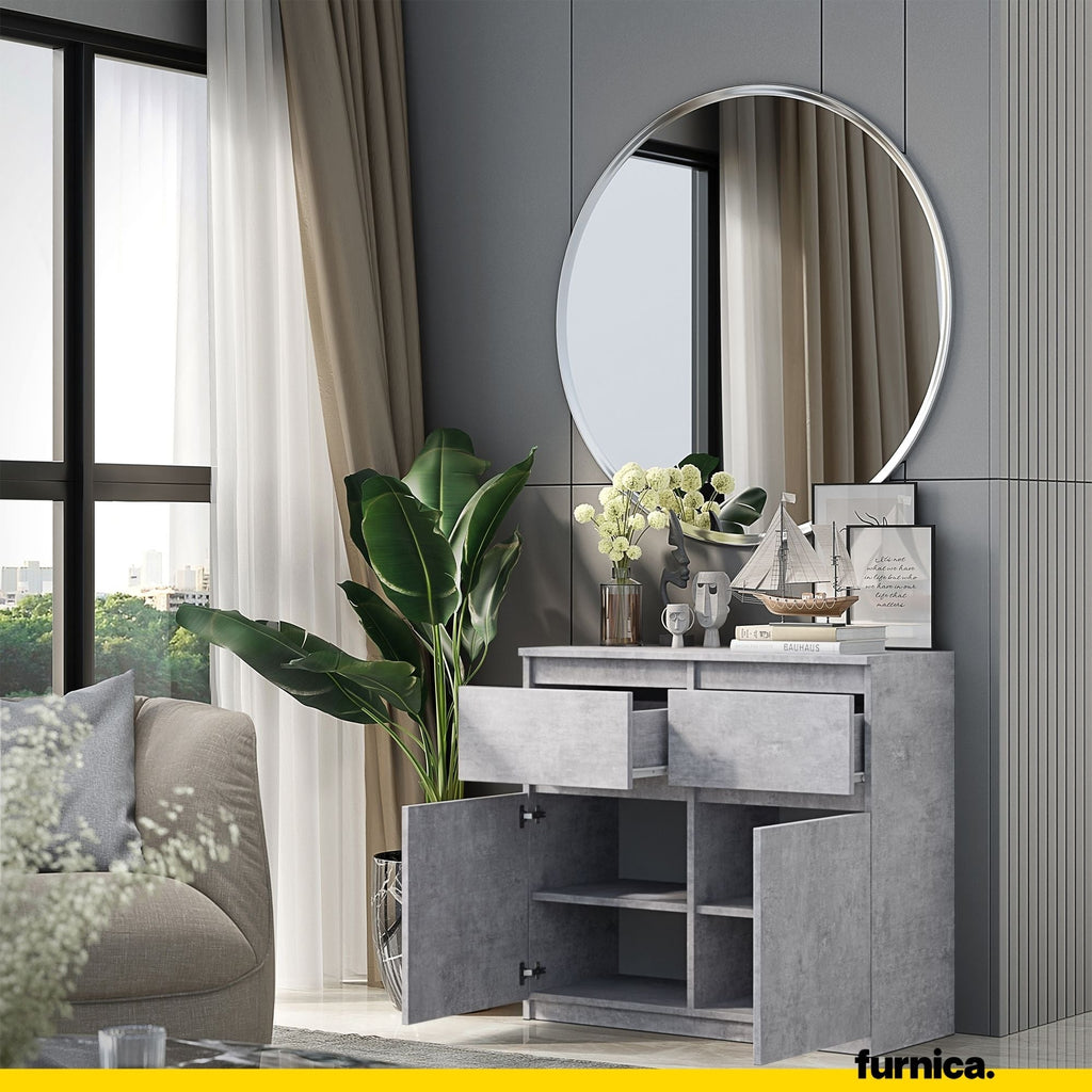 NOAH - Komoda se 2 šuplíky a 2 dveřmi - Skříň na uložení oblečení do ložnice - Betonová - Výška 75 cm, šířka 80 cm, hloubka 35 cm.