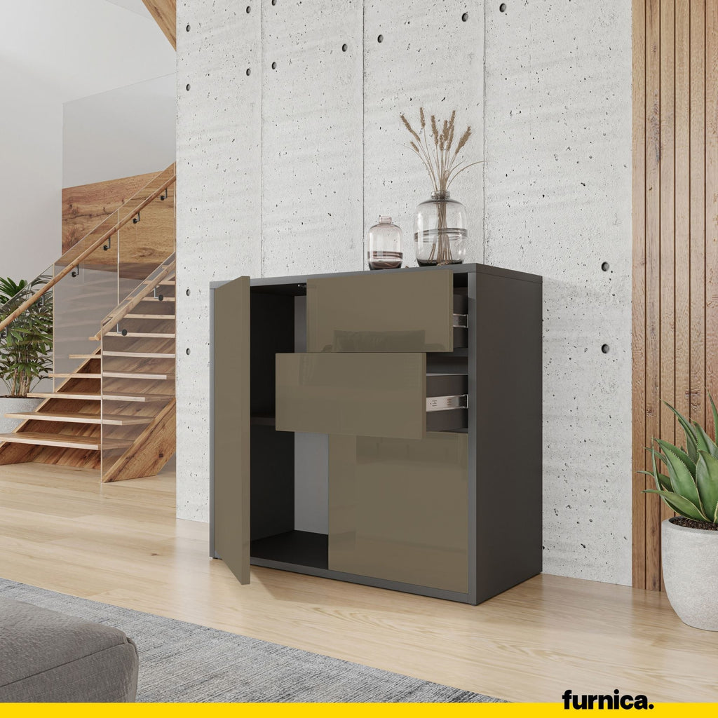 CAMILLE - Skříň s dvěma dveřmi a dvěma šuplíky s funkcí push to open - antracit / cappuccino lesk H74cm W80cm D36cm