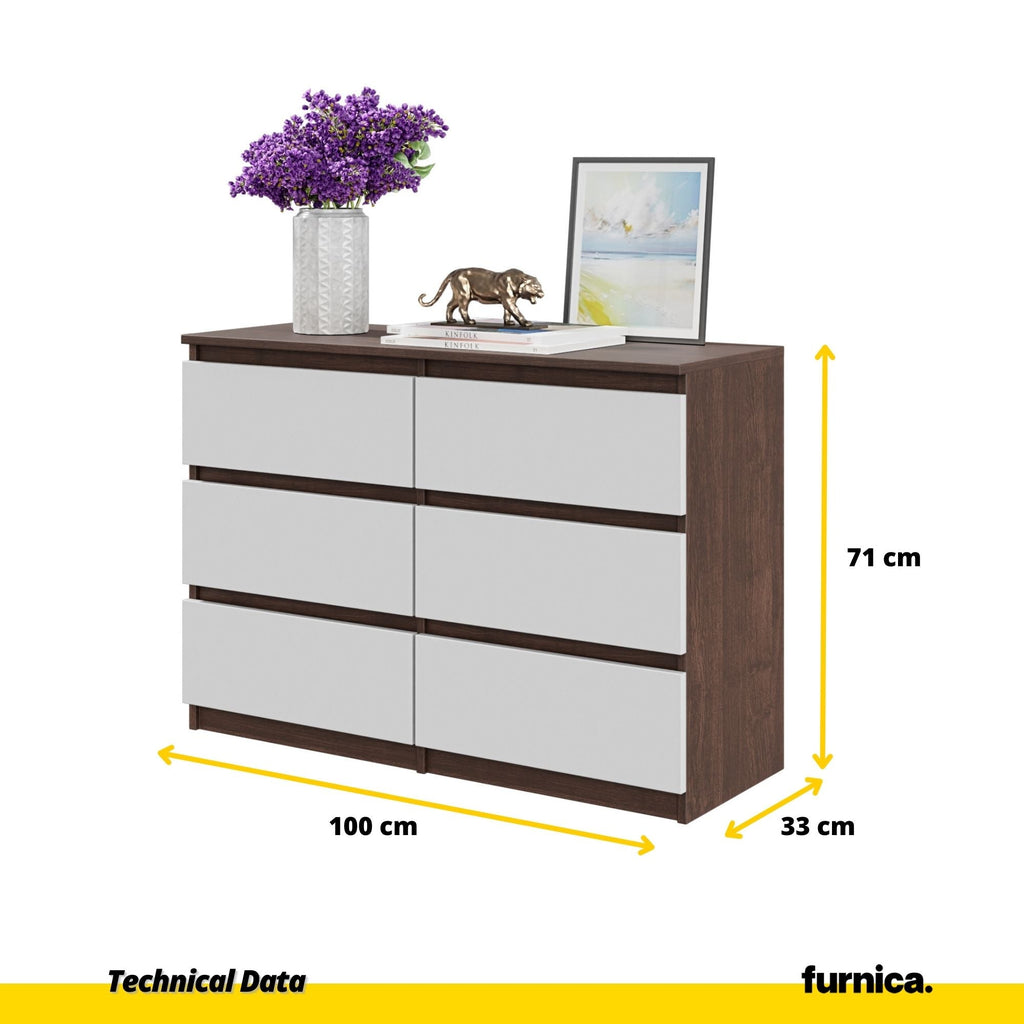 GABRIEL - Komoda se 6 šuplíky - Skříň na oblečení do ložnice - Wenge / Matně bílá - Výška 71 cm, šířka 100 cm, hloubka 33 cm.