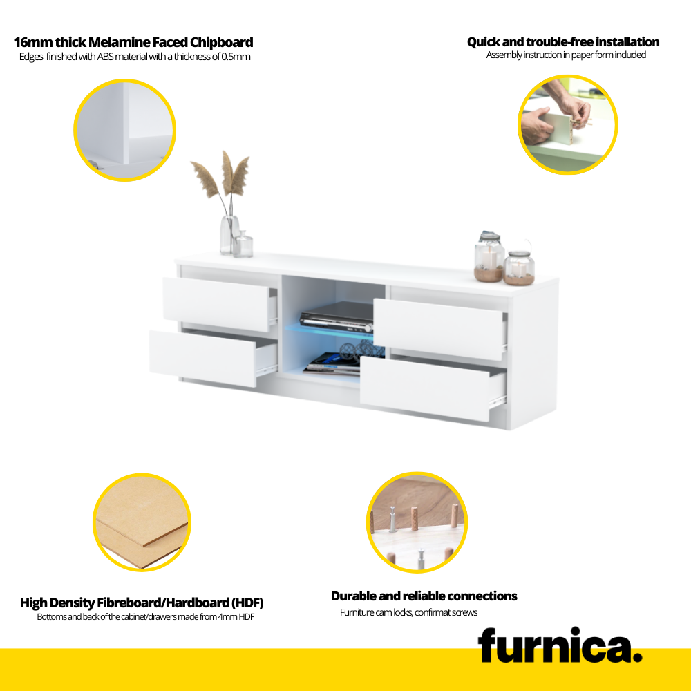 MARCO - TV stolík s 4 šuplíky a 1 skleněnou poličkou - V45cm Š120cm H35cm - bílý matný / bílý lesk