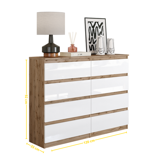 GABRIEL - Komoda se 8 šuplíky - Skříň na oblečení do ložnice - Dub Wotan / Bílý lesk - H92cm Š120cm D33cm (2)