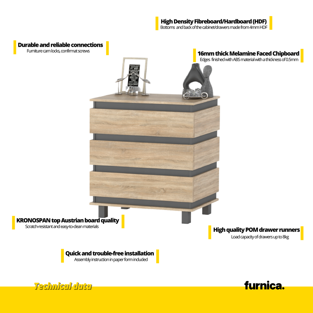 MARGARET - Komoda se 3 zásuvkami - Skříň na oblečení do ložnice - Anthracit / Sonoma dub - V: 86 cm, Š: 83 cm, H: 44 cm