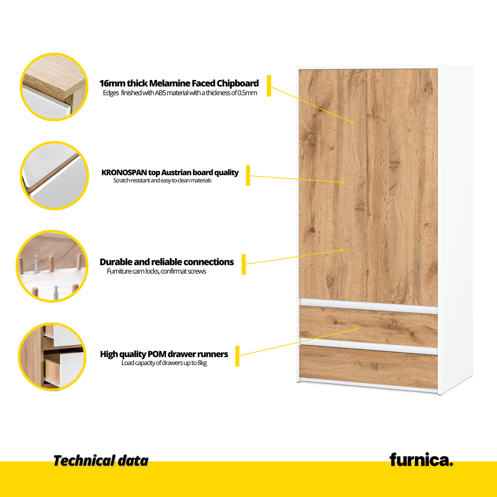 JOELLE - Skříň se 2 dveřmi a 2 zásuvkami - bílý mat / Wotan dub H180cm W90cm D50cm