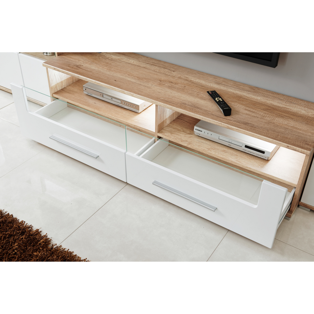 Stěnná jednotka SAALA - sada nábytku do obývacího pokoje - Monument Oak / bílý lesk