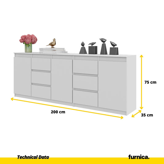 MIKEL - Komoda se 6 šuplíky a 3 dveřmi - Skříň na oblečení do ložnice - Bílý mat / Bílý mat - Výška 75 cm, šířka 200 cm, hloubka 35 cm.