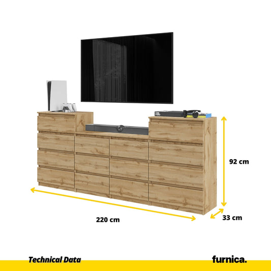 GABRIEL - Komoda se 14 šuplíky (4+6+4) - Skříň na oblečení do ložnice - úložný prostor - Wotan dub - V92cm x Š220cm x H33cm