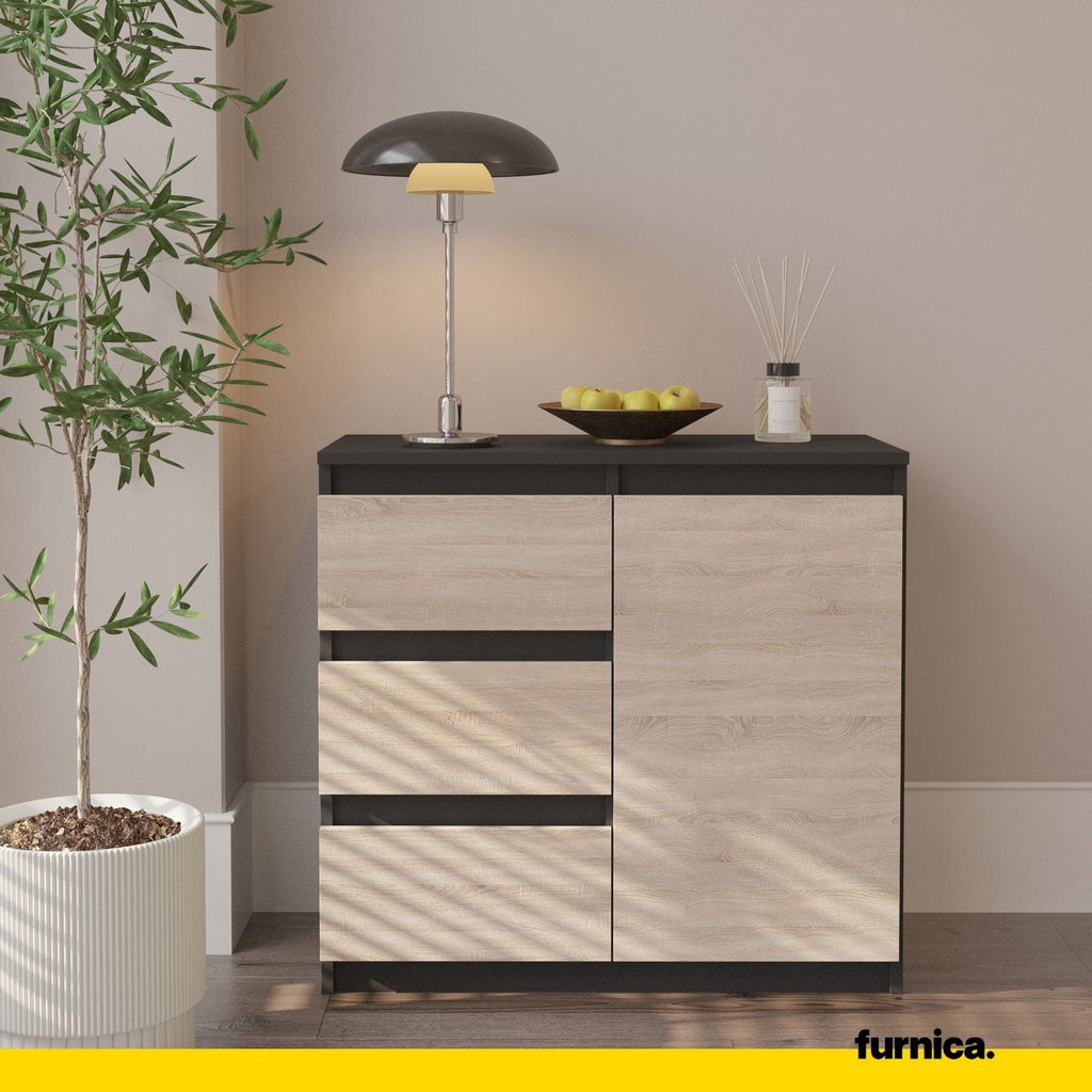 MIKEL - Komoda se 3 šuplíky a 1 dveřmi - Skříň na uložení oblečení do ložnice - Anthracit / Sonoma dub - Výška 75 cm, šířka 80 cm, hloubka 35 cm.