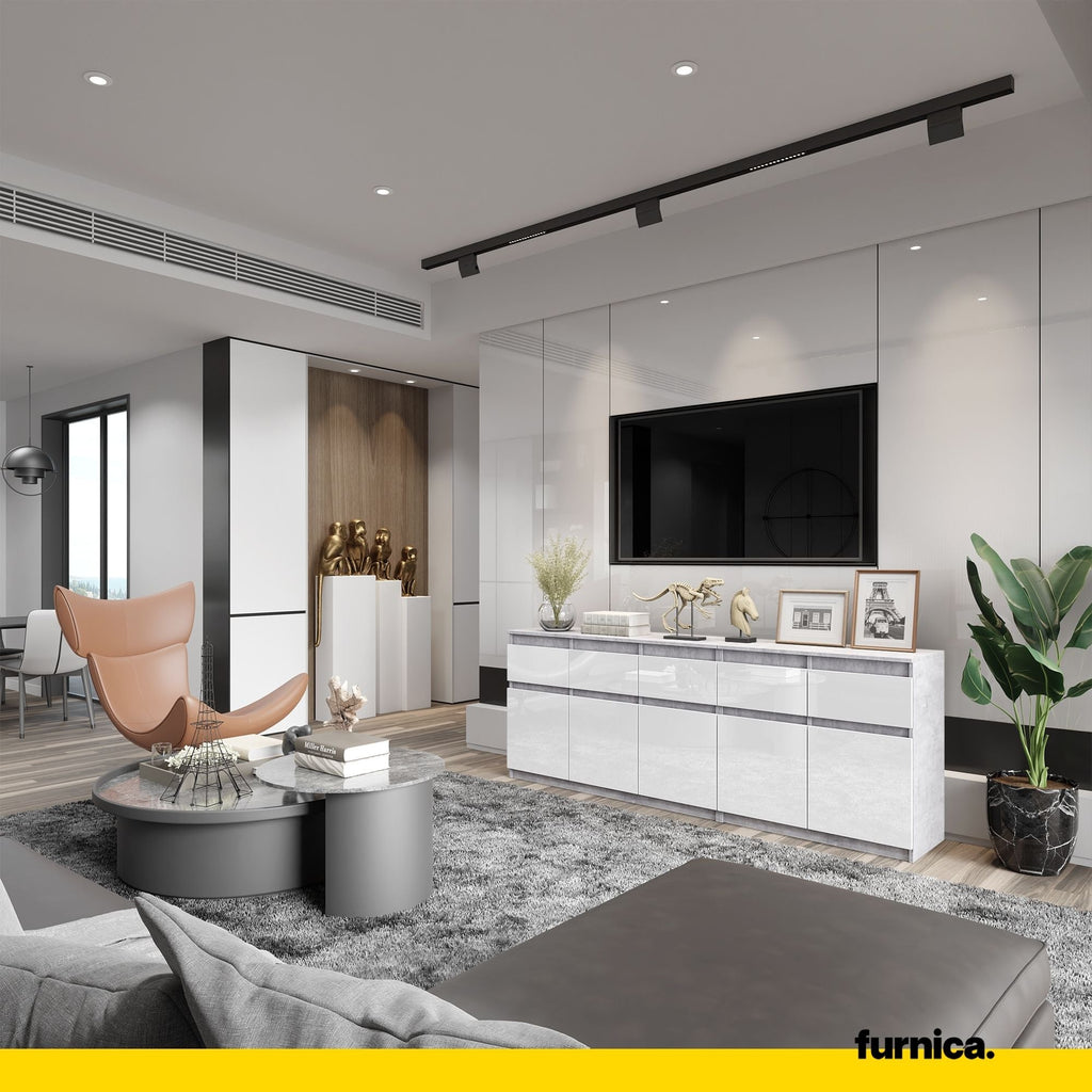 NOAH - Komoda se 5 šuplíky a 5 dveřmi - Skříň na uložení oblečení do ložnice - Beton / Bílý lesk - Výška 75 cm, šířka 200 cm, hloubka 35 cm.