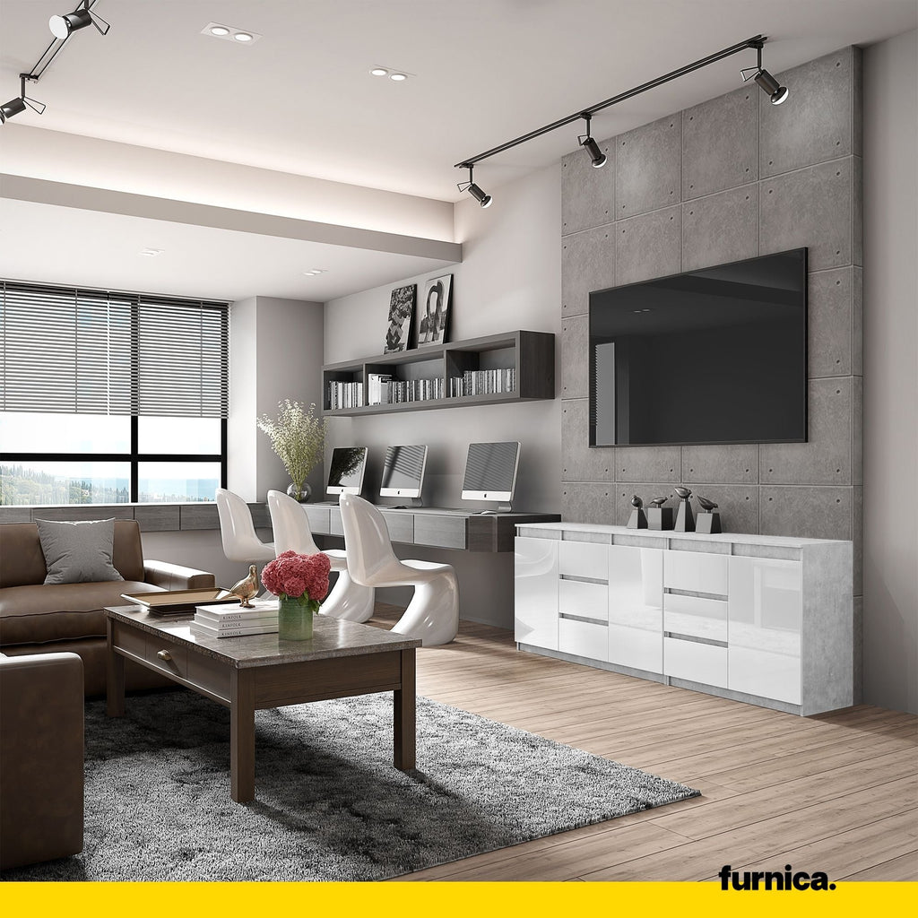 MIKEL - Komoda se 6 šuplíky a 3 dveřmi - Skříň na oblečení do ložnice - Beton / Bílý lesk - Výška 75 cm, šířka 200 cm, hloubka 35 cm.