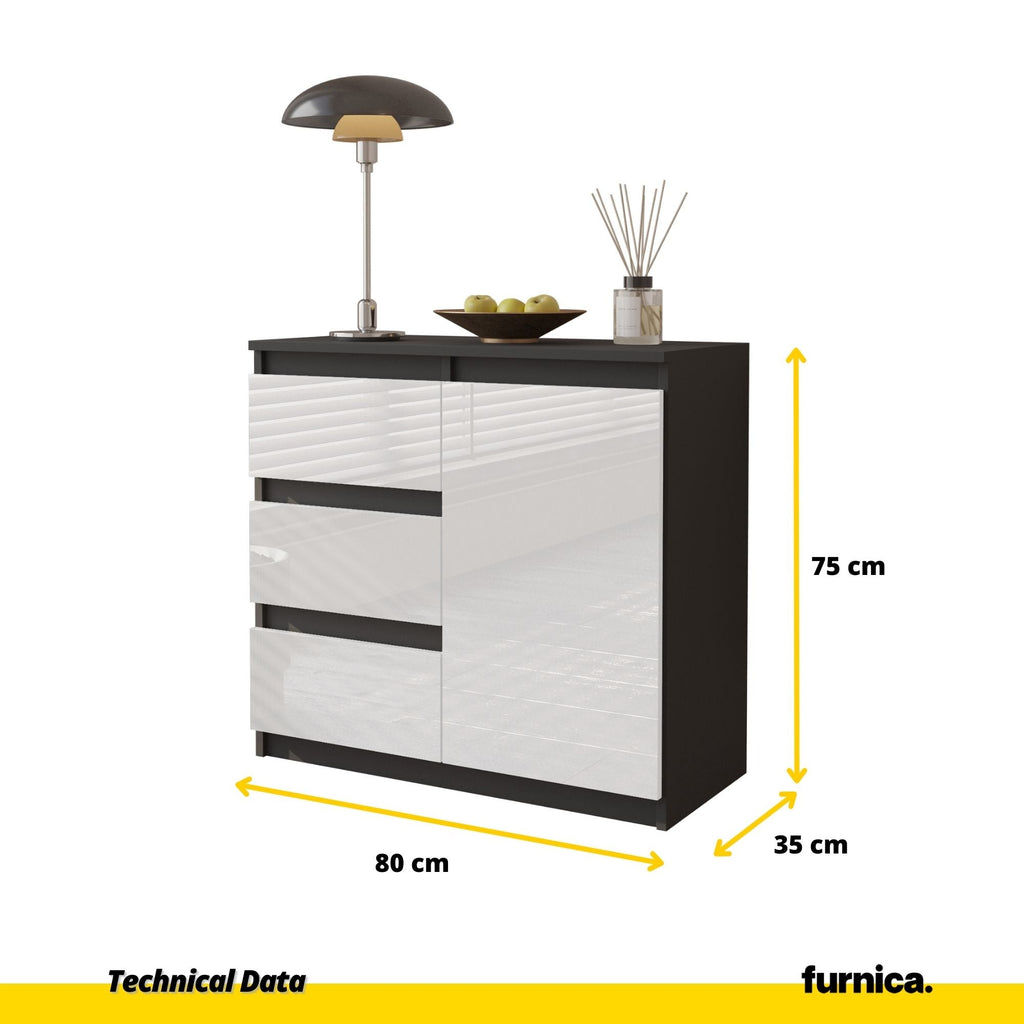 MIKEL - Komoda se 3 šuplíky a 1 dveřmi - Skříň na uložení oblečení do ložnice - Anthracit / Bílý lesk H75cm W80cm D35cm