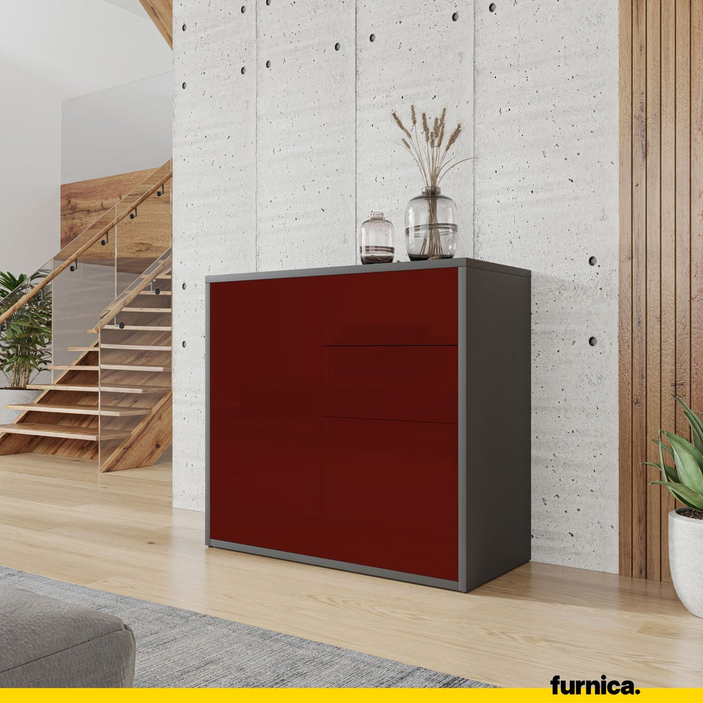 CAMILLE - Skříň s dvěma dveřmi a dvěma šuplíky s funkcí push to open - antracit / lesklý bordó H74cm W80cm D36cm