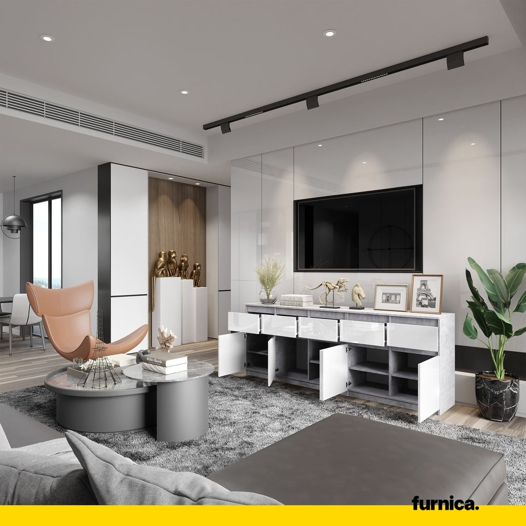 NOAH - Komoda se 5 šuplíky a 5 dveřmi - Skříň na uložení oblečení do ložnice - Beton / Bílý lesk - Výška 75 cm, šířka 200 cm, hloubka 35 cm.