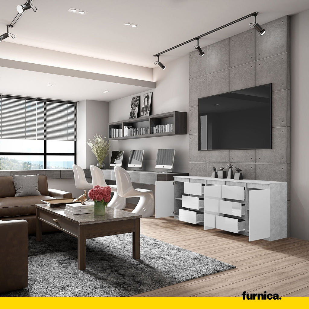 MIKEL - Komoda se 6 šuplíky a 3 dveřmi - Skříň na oblečení do ložnice - Beton / Bílý lesk - Výška 75 cm, šířka 200 cm, hloubka 35 cm.