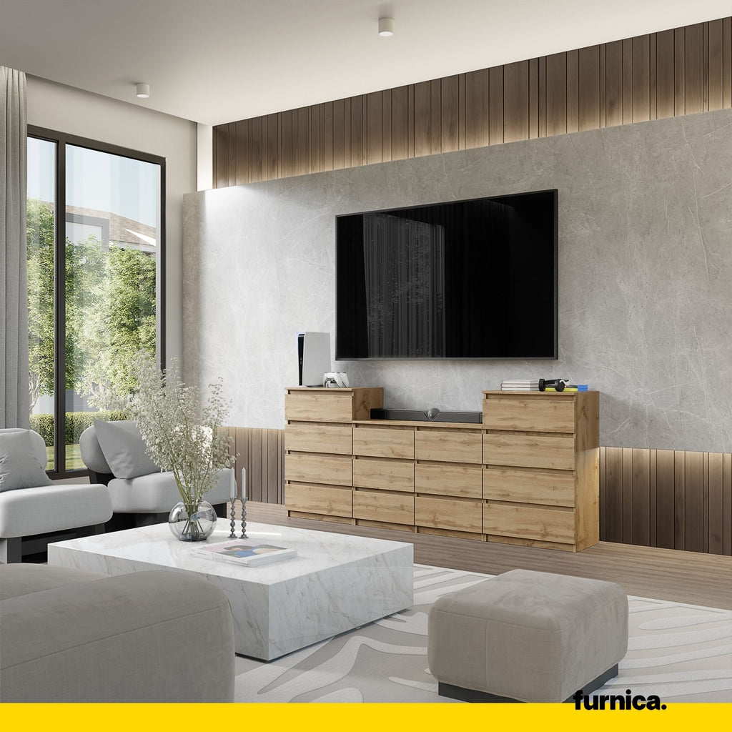 GABRIEL - Komoda se 14 šuplíky (4+6+4) - Skříň na oblečení do ložnice - úložný prostor - Wotan dub - V92cm x Š220cm x H33cm