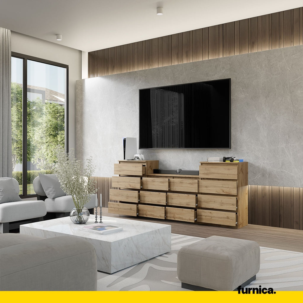 GABRIEL - Komoda se 14 šuplíky (4+6+4) - Skříň na oblečení do ložnice - úložný prostor - Wotan dub - V92cm x Š220cm x H33cm