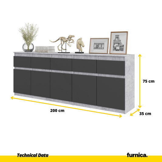 NOAH - Komoda se 5 šuplíky a 5 dveřmi - Skříň na uložení oblečení do ložnice - Beton / Antracit - V: 75 cm, Š: 200 cm, H: 35 cm