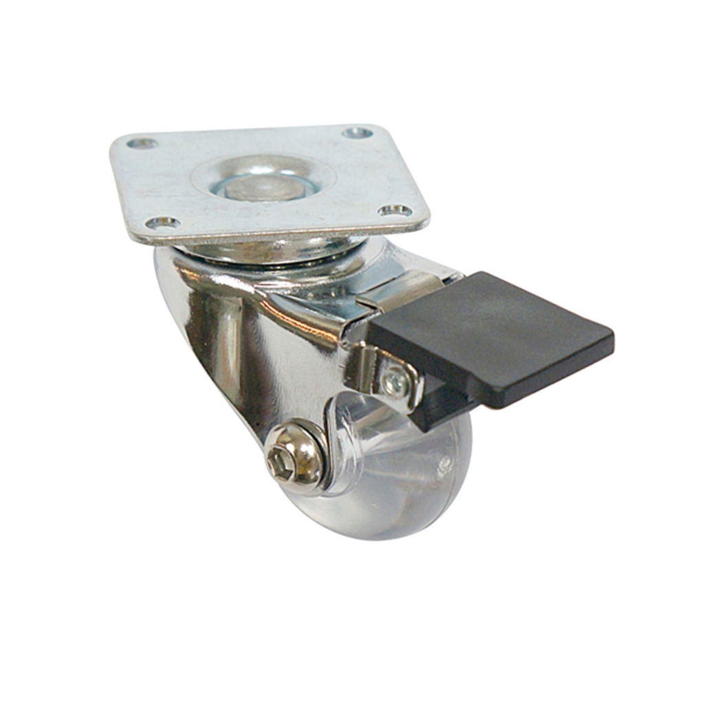 Kolečko nábytku s montážní deskou a brzdou - průhledné - chrom - Ø3,5 cm