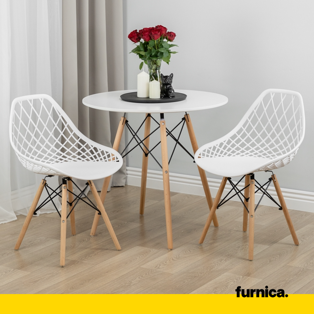 DARIO - Perforovaná plastová jídelní / kancelářská židle s dřevěnými nohami - bílá