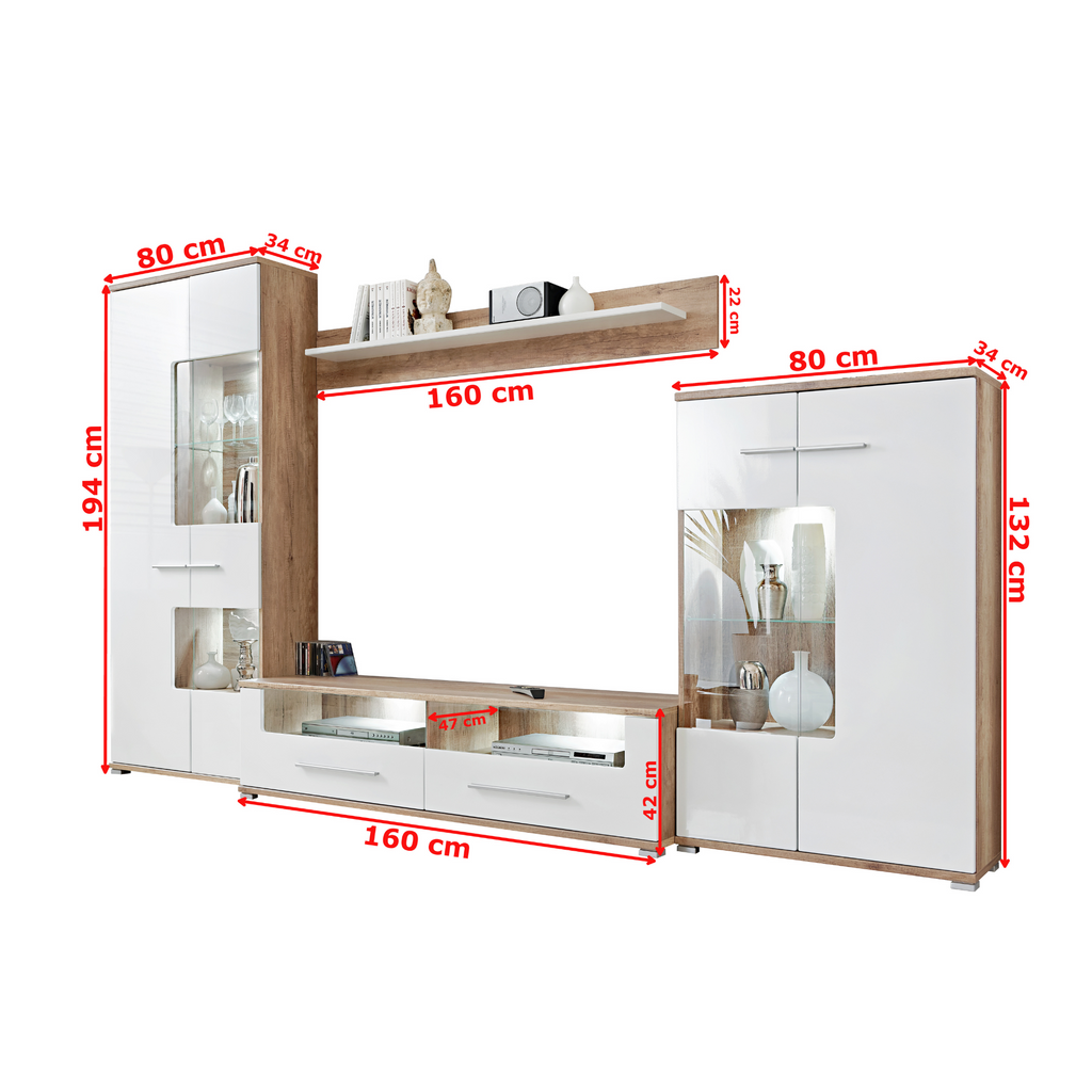 Stěnná jednotka SAALA - sada nábytku do obývacího pokoje - Monument Oak / bílý lesk