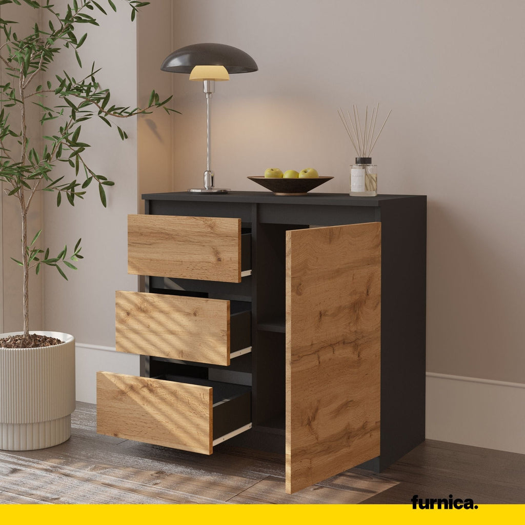 MIKEL - Komoda se 3 šuplíky a 1 dveřmi - Skříň na oblečení do ložnice - Anthracit / Wotan dub H75cm Š80cm D35cm