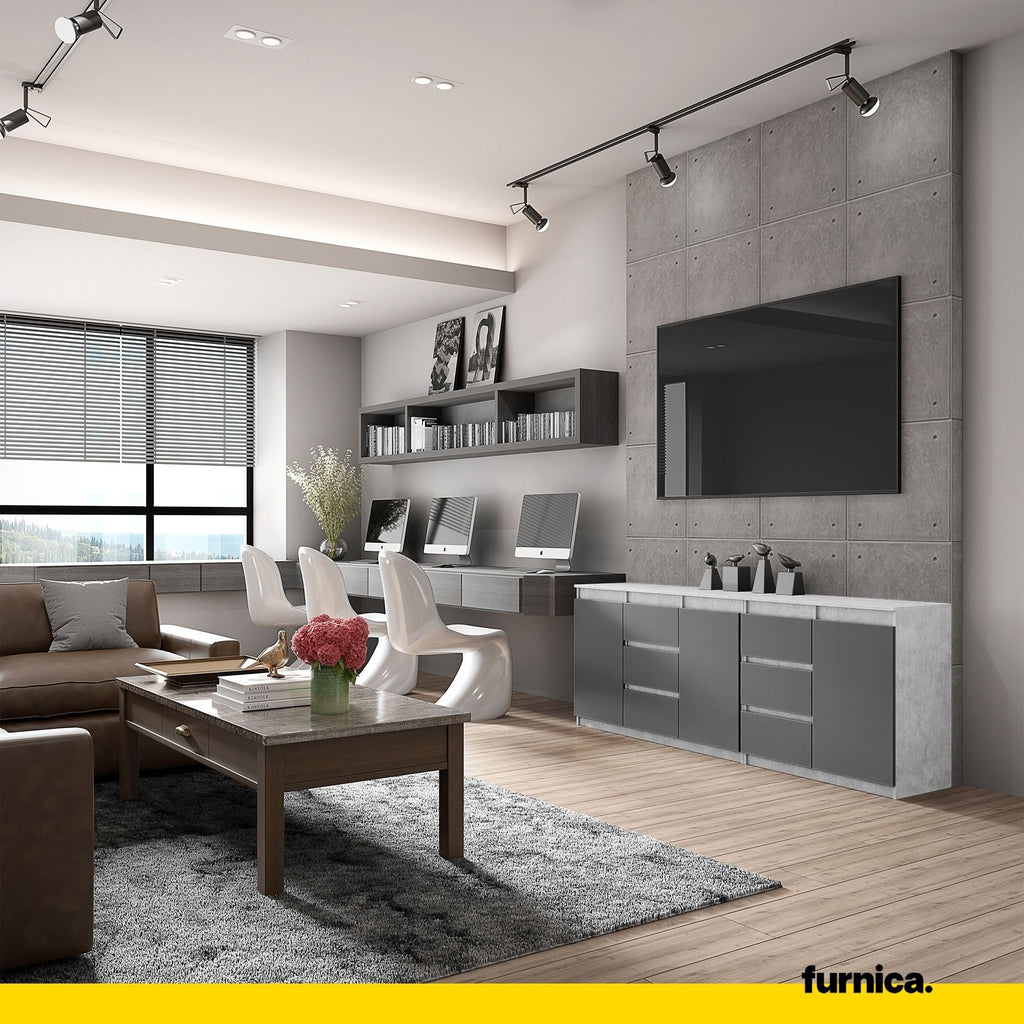 MIKEL - Komoda se 6 šuplíky a 3 dveřmi - Skříň na oblečení do ložnice - Beton / Antracit H75cm W200cm D35cm