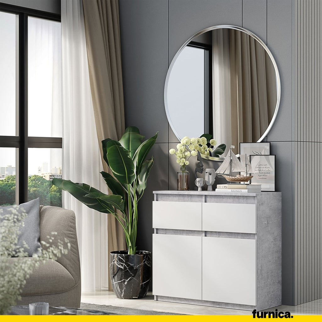 NOAH - Komoda se 2 šuplíky a 2 dveřmi - Skříň na uložení oblečení do ložnice - Betonová / Bílá matná - Výška 75 cm, šířka 80 cm, hloubka 35 cm.