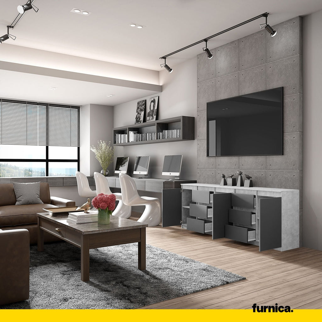 MIKEL - Komoda se 6 šuplíky a 3 dveřmi - Skříň na oblečení do ložnice - Beton / Antracit H75cm W200cm D35cm