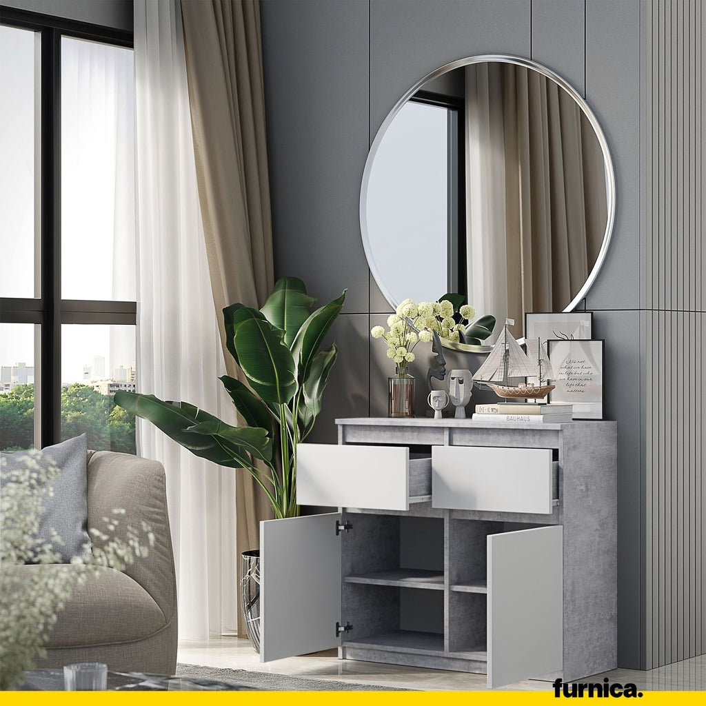 NOAH - Komoda se 2 šuplíky a 2 dveřmi - Skříň na uložení oblečení do ložnice - Betonová / Bílá matná - Výška 75 cm, šířka 80 cm, hloubka 35 cm.