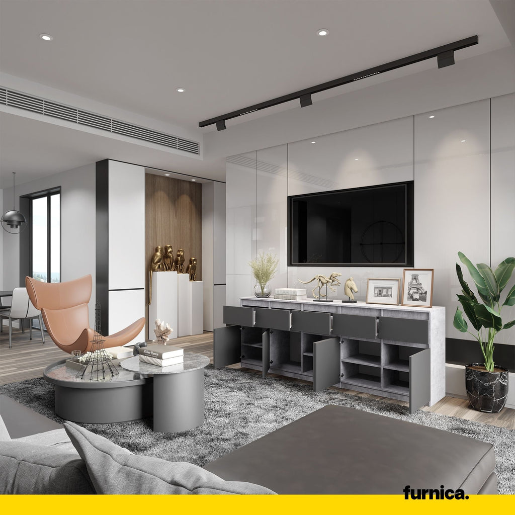 NOAH - Komoda se 5 šuplíky a 5 dveřmi - Skříň na uložení oblečení do ložnice - Beton / Antracit - V: 75 cm, Š: 200 cm, H: 35 cm