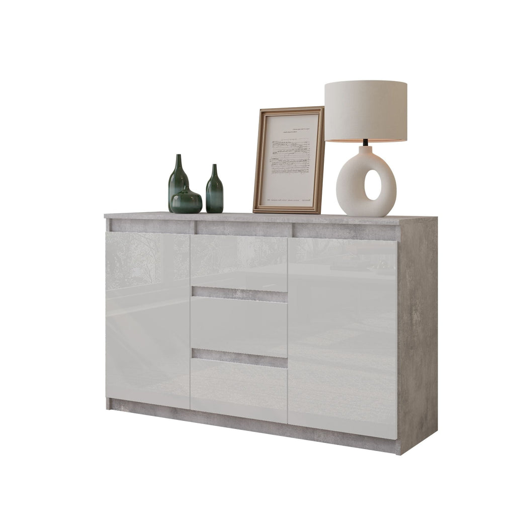 MIKEL - Komoda se 3 šuplíky a 2 dveřmi - Skříň na oblečení do ložnice - Beton / Bílý lesk - Výška 75 cm, šířka 120 cm, hloubka 35 cm.