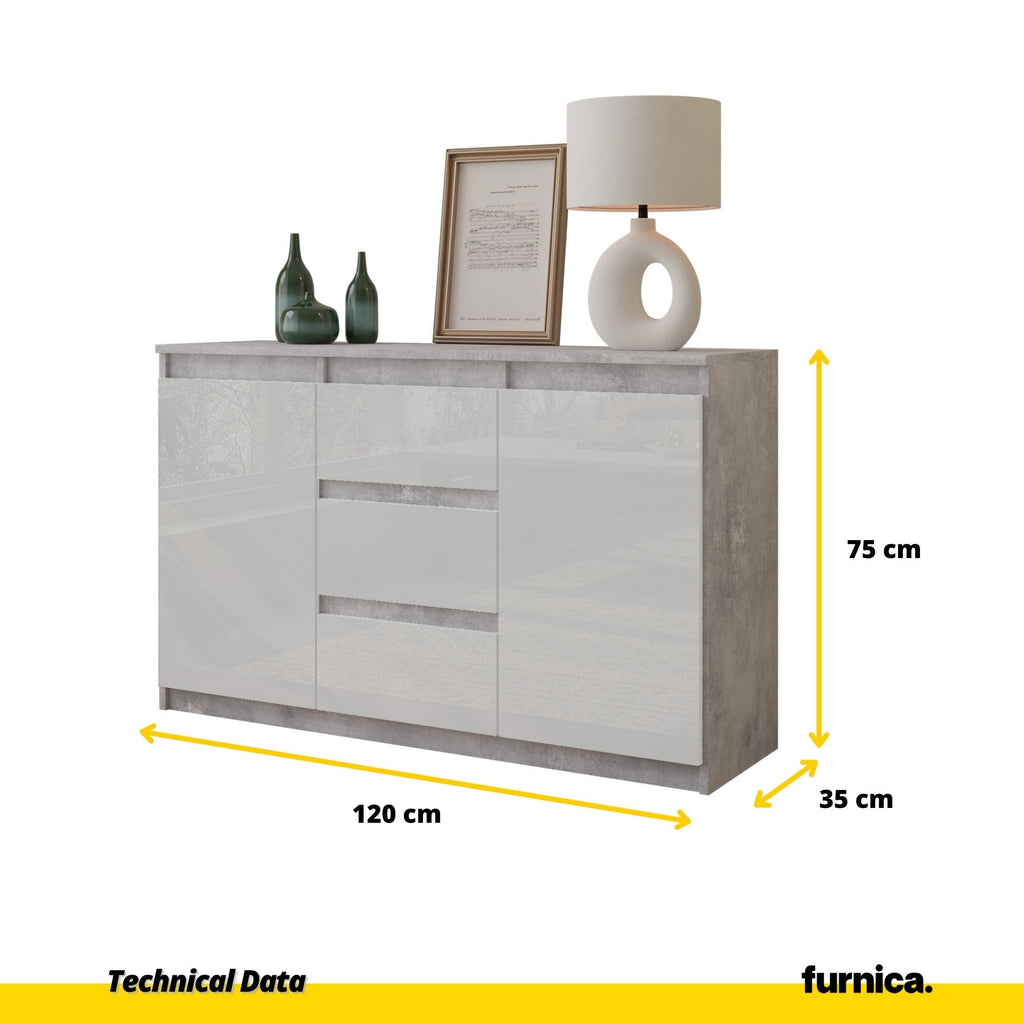 MIKEL - Komoda se 3 šuplíky a 2 dveřmi - Skříň na oblečení do ložnice - Beton / Bílý lesk - Výška 75 cm, šířka 120 cm, hloubka 35 cm.