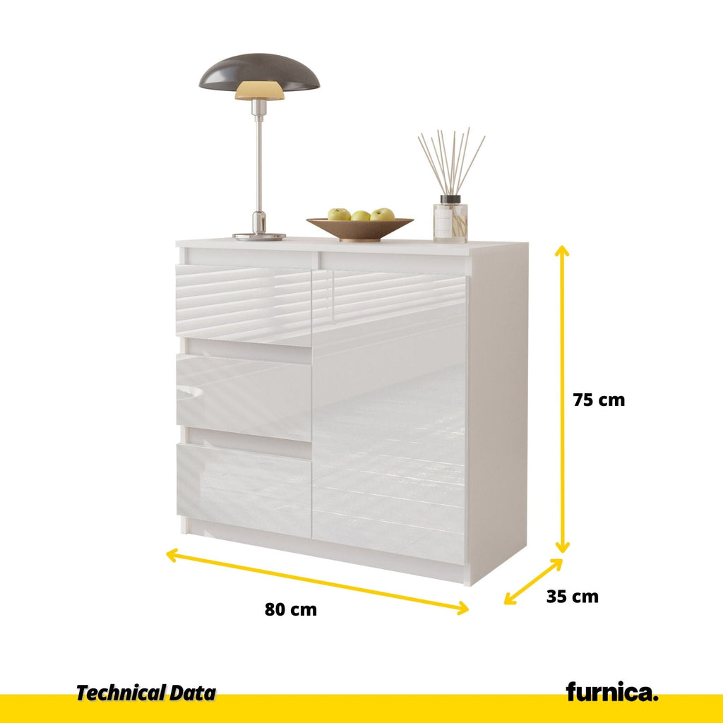 MIKEL - Komoda se 3 šuplíky a 1 dveřmi - Skříň na oblečení do ložnice - Bílý mat / Bílý lesk - Výška 75 cm, šířka 80 cm, hloubka 35 cm.