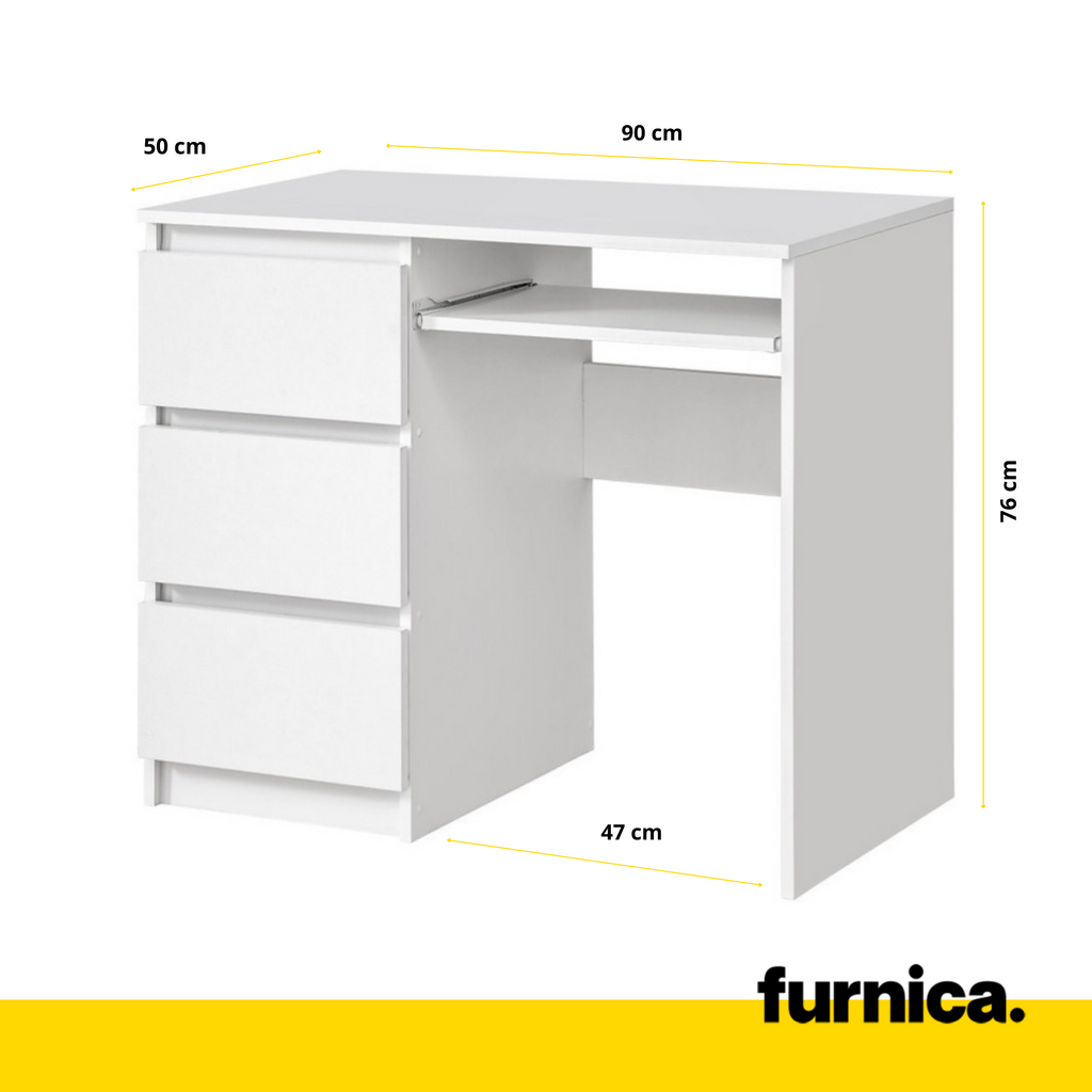 BRUNO - Počítačový stůl s 3 zásuvkami a výsuvnou klávesnicí H76cm W90cm D50cm Vlevo - Bílý matný