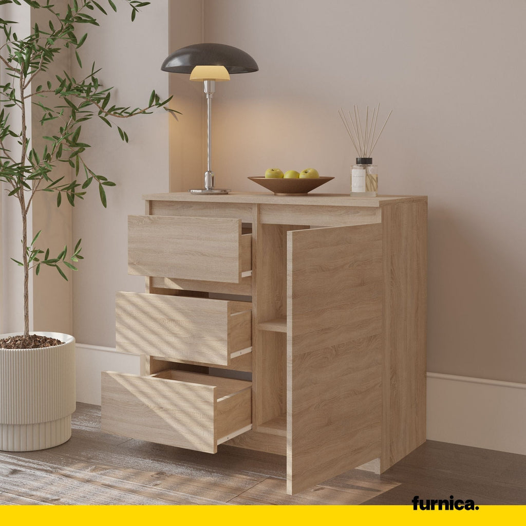 MIKEL - Komoda se 3 šuplíky a 1 dveřmi - Skříň na uložení oblečení do ložnice - Sonoma dub - Výška 75 cm, šířka 80 cm, hloubka 35 cm.