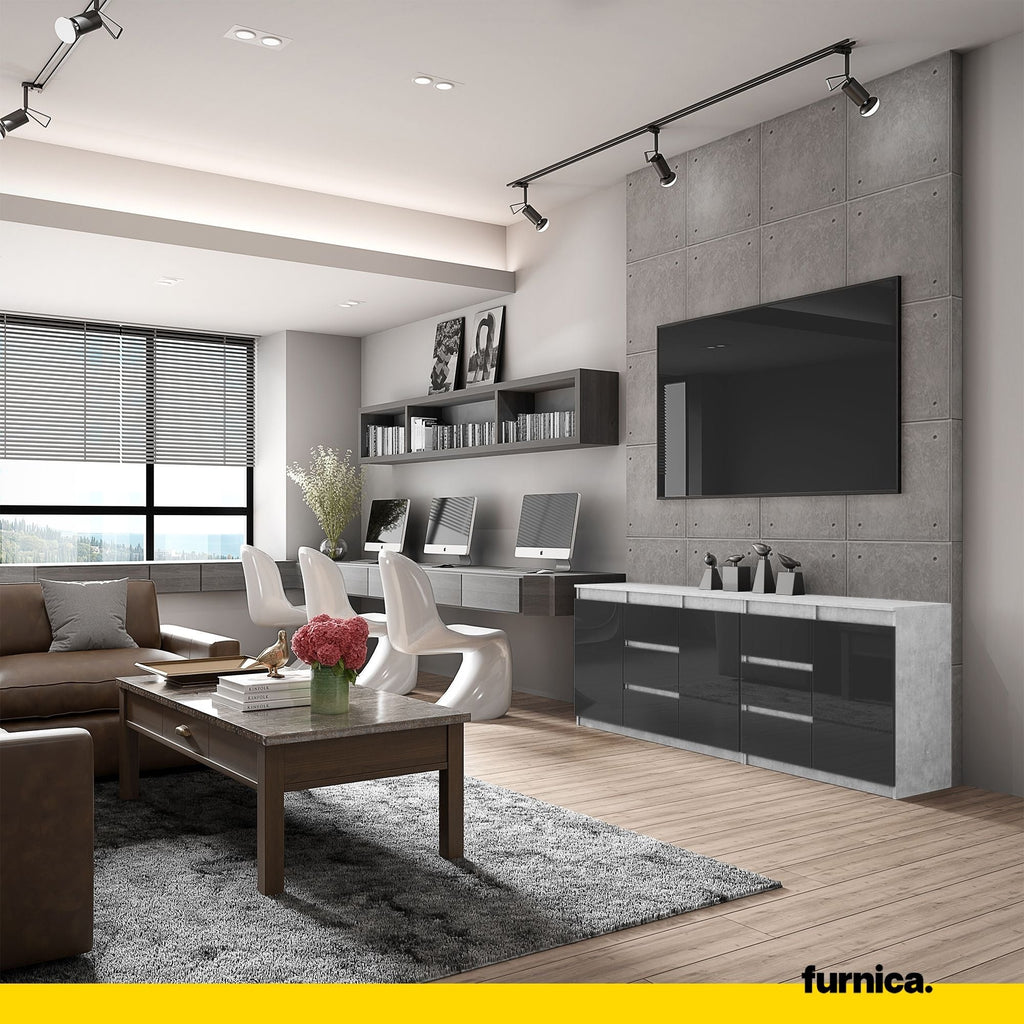 MIKEL - Komoda se 6 šuplíky a 3 dveřmi - Skříň na oblečení do ložnice - Beton / Lesklý černý - Výška 75 cm, šířka 200 cm, hloubka 35 cm.