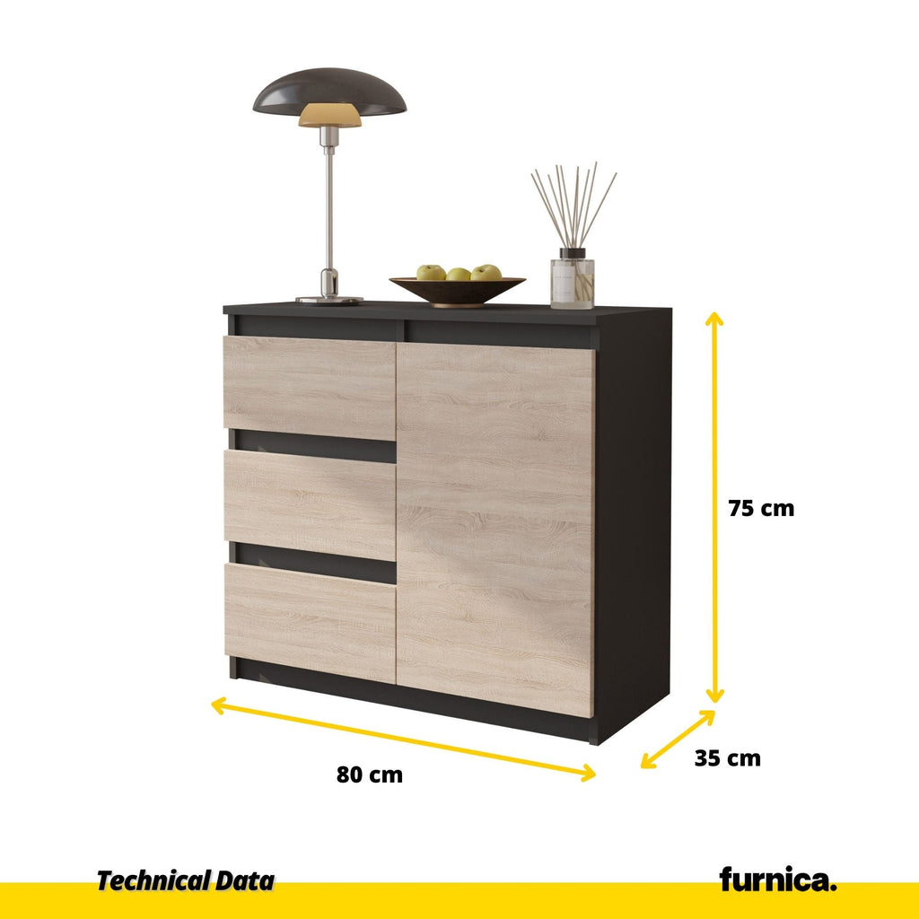 MIKEL - Komoda se 3 šuplíky a 1 dveřmi - Skříň na uložení oblečení do ložnice - Anthracit / Sonoma dub - Výška 75 cm, šířka 80 cm, hloubka 35 cm.