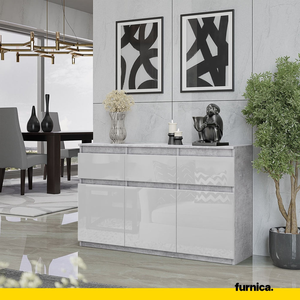 NOAH - Komoda se 3 šuplíky a 3 dveřmi - Skříň na uložení oblečení do ložnice - Beton / Bílý lesk - Výška 75 cm, šířka 120 cm, hloubka 35 cm.