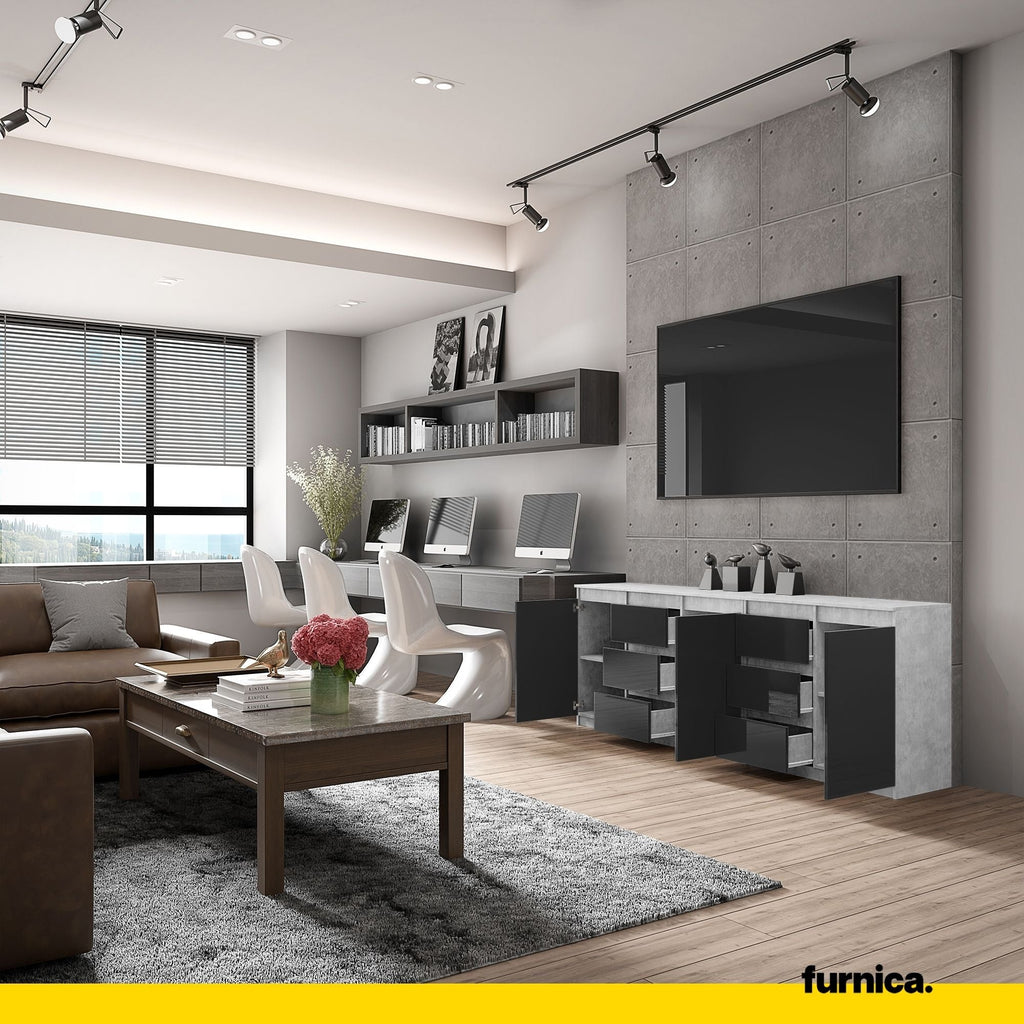 MIKEL - Komoda se 6 šuplíky a 3 dveřmi - Skříň na oblečení do ložnice - Beton / Lesklý černý - Výška 75 cm, šířka 200 cm, hloubka 35 cm.