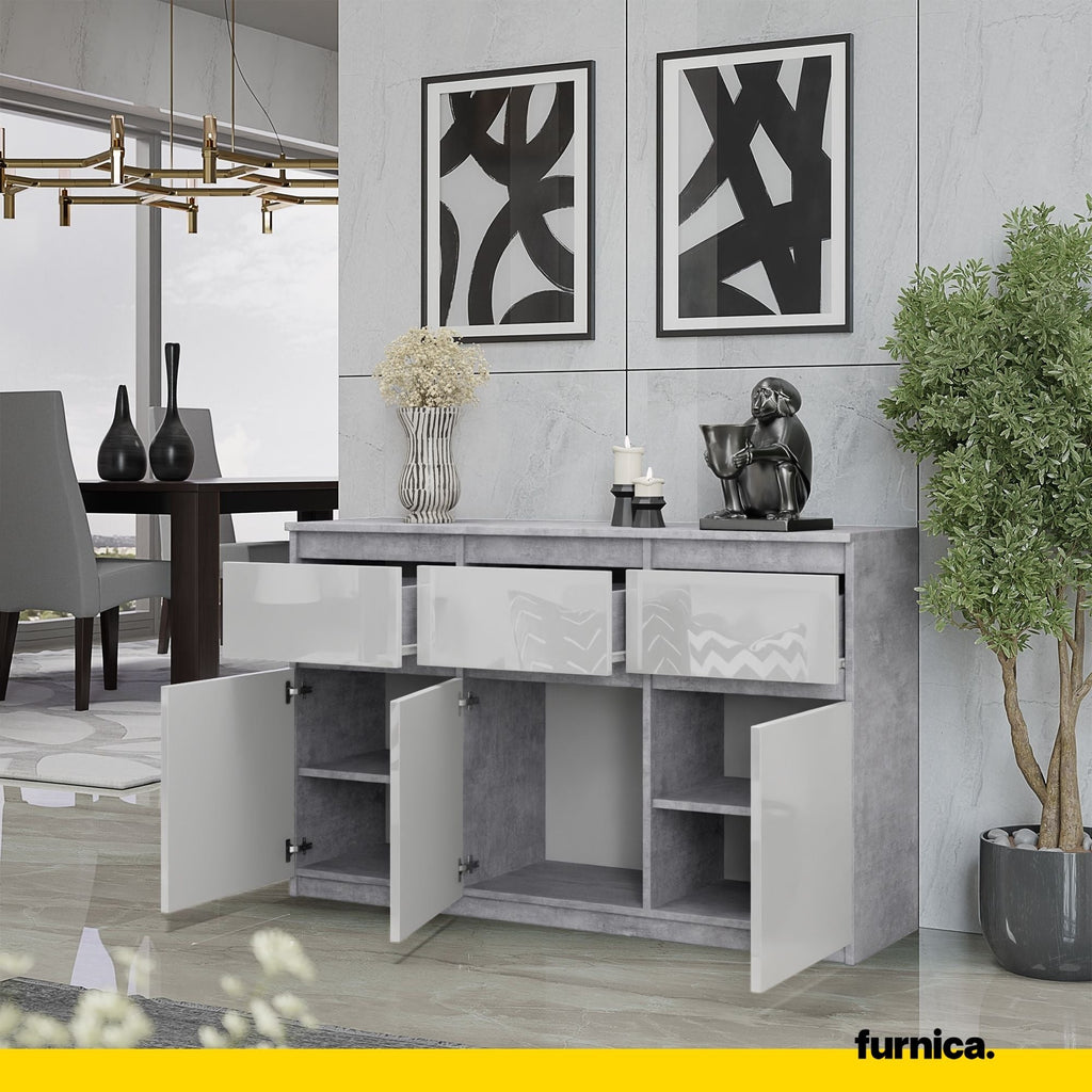 NOAH - Komoda se 3 šuplíky a 3 dveřmi - Skříň na uložení oblečení do ložnice - Beton / Bílý lesk - Výška 75 cm, šířka 120 cm, hloubka 35 cm.