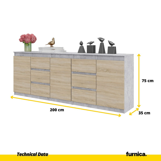 MIKEL - Komoda se 6 šuplíky a 3 dveřmi - Skříň na oblečení do ložnice - Beton / Sonoma dub - Výška 75 cm, šířka 200 cm, hloubka 35 cm.