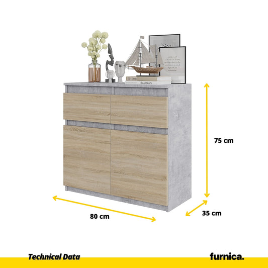NOAH - Komoda se 2 šuplíky a 2 dveřmi - Skříň na uložení oblečení do ložnice - Beton / Sonoma dub - Výška 75 cm, šířka 80 cm, hloubka 35 cm.