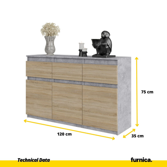 NOAH - Komoda se 3 šuplíky a 3 dveřmi - Skříň na uložení oblečení do ložnice - Beton / Sonoma dub - Výška 75 cm, šířka 120 cm, hloubka 35 cm.