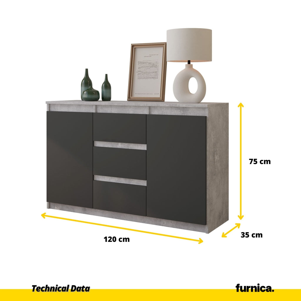 MIKEL - Komoda se 3 šuplíky a 2 dveřmi - Skříň na oblečení do ložnice - Beton / Antracit H75cm W120cm D35cm