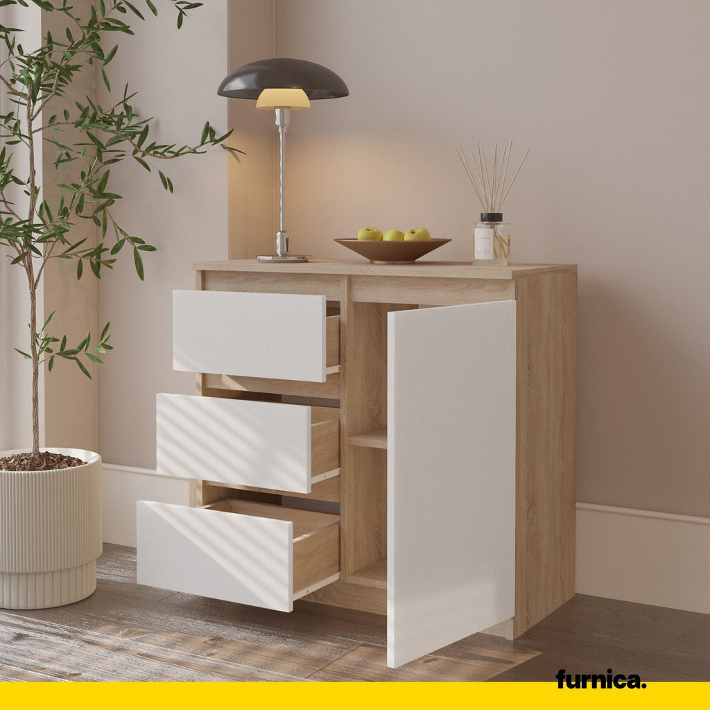 MIKEL - Komoda se 3 šuplíky a 1 dveřmi - Skříň na oblečení do ložnice - Sonoma dub / bílý matný - Výška 75 cm, šířka 80 cm, hloubka 35 cm.