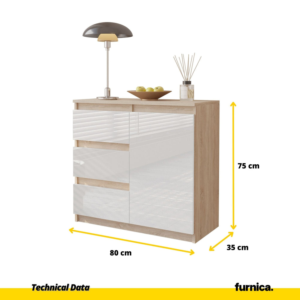 MIKEL - Komoda se 3 šuplíky a 1 dveřmi - Skříň na oblečení do ložnice - Sonoma dub / bílý lesk - Výška 75 cm, šířka 80 cm, hloubka 35 cm.