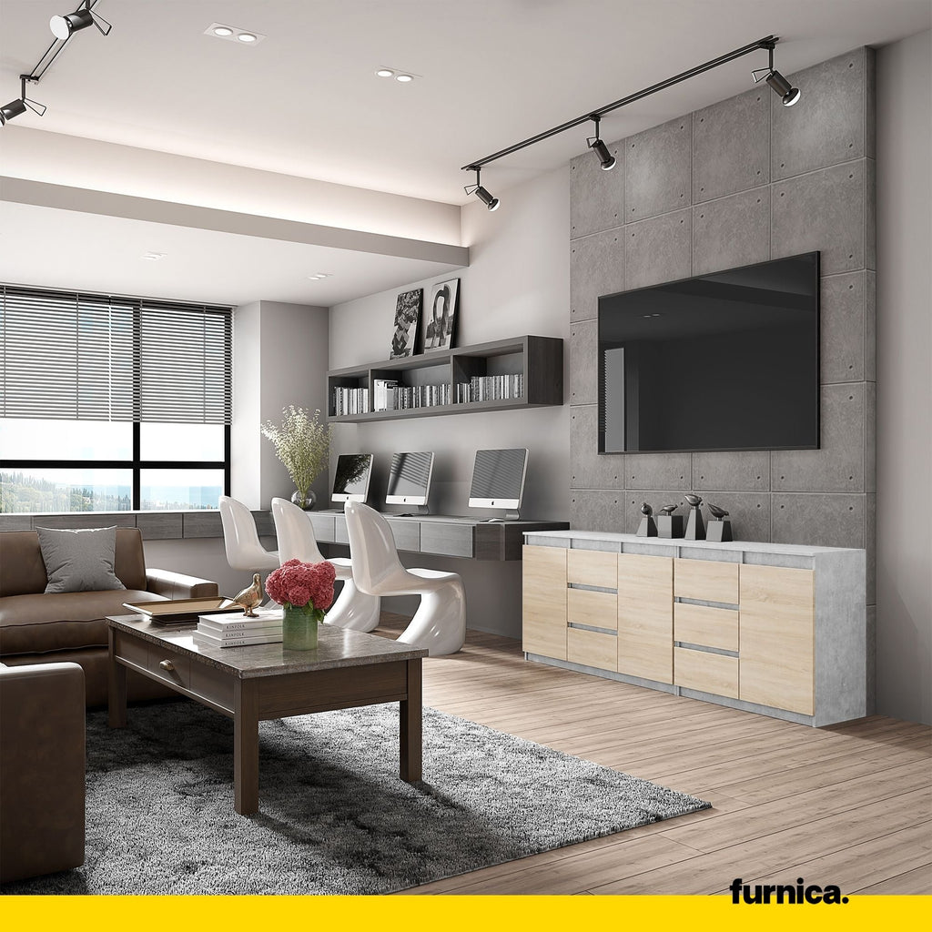 MIKEL - Komoda se 6 šuplíky a 3 dveřmi - Skříň na oblečení do ložnice - Beton / Sonoma dub - Výška 75 cm, šířka 200 cm, hloubka 35 cm.