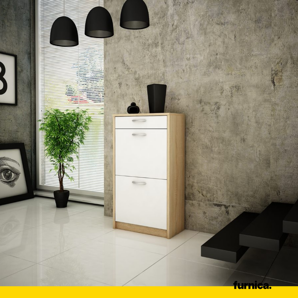 JULIA - Botník na boty s 1 šuplíkem a 2 úložnými prostory - Sonoma dub / bílý matný povrch H92cm Š50cm D28cm