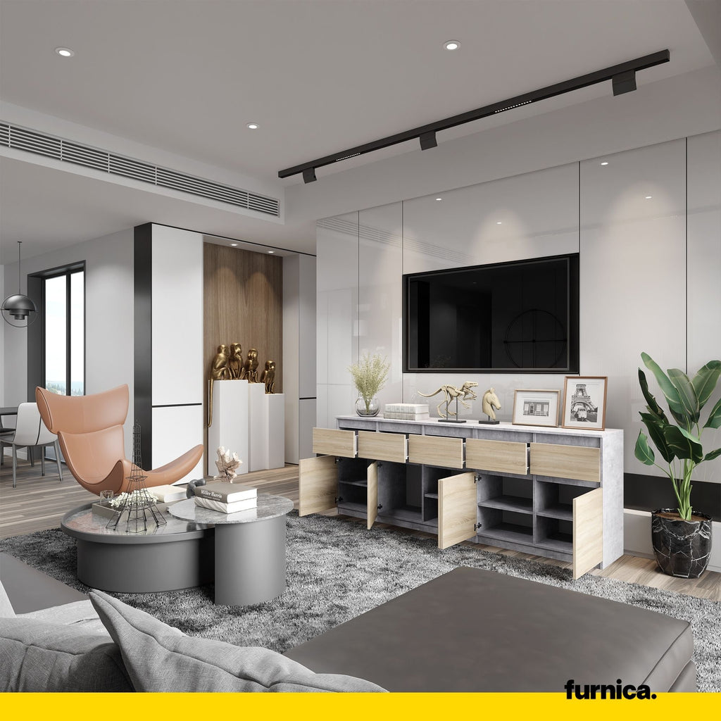 NOAH - Komoda se 5 šuplíky a 5 dveřmi - Skříň na uložení oblečení do ložnice - Beton / Sonoma dub - V: 75 cm, Š: 200 cm, H: 35 cm