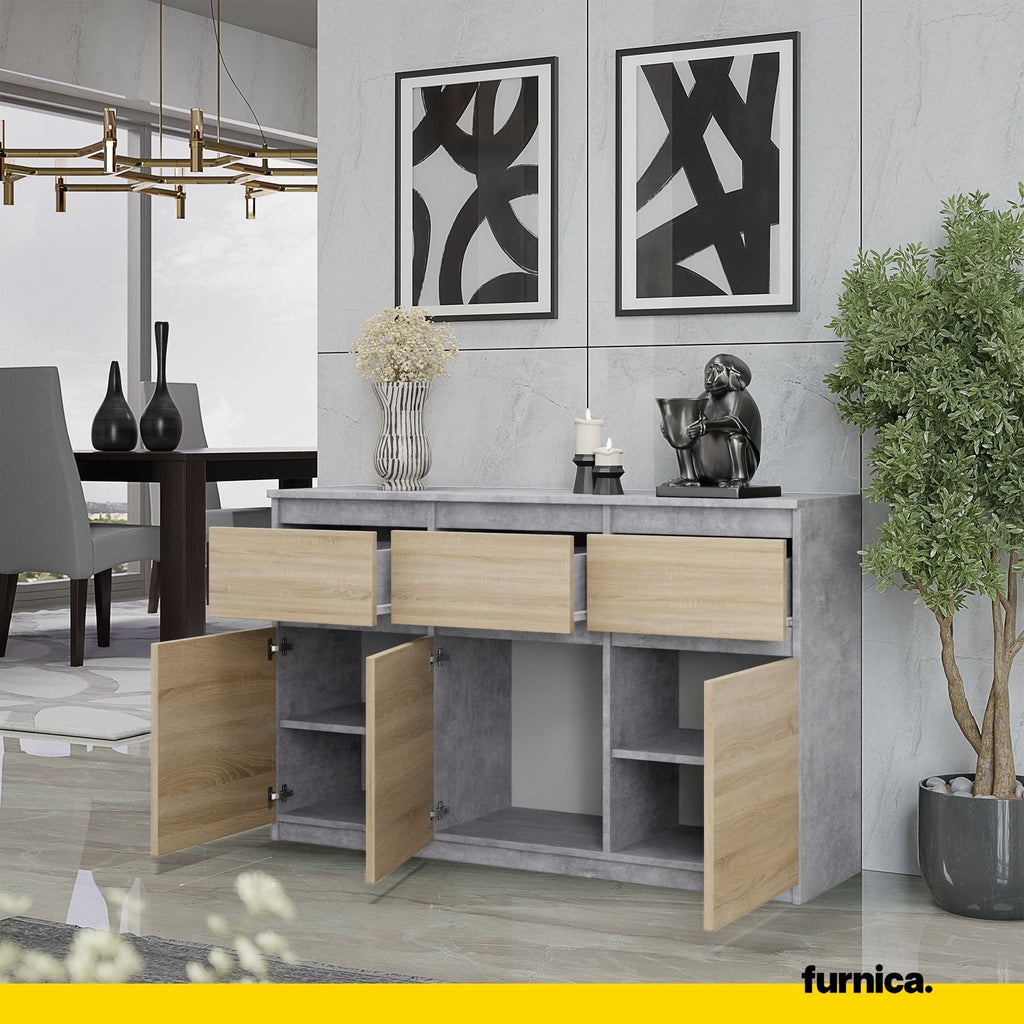 NOAH - Komoda se 3 šuplíky a 3 dveřmi - Skříň na uložení oblečení do ložnice - Beton / Sonoma dub - Výška 75 cm, šířka 120 cm, hloubka 35 cm.