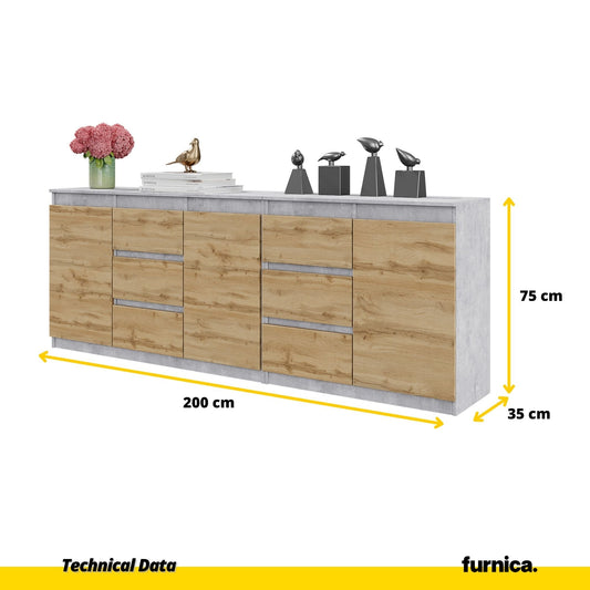 MIKEL - Komoda se 6 šuplíky a 3 dveřmi - Skříň na oblečení do ložnice - Beton / Wotan - Výška 75 cm, šířka 200 cm, hloubka 35 cm.